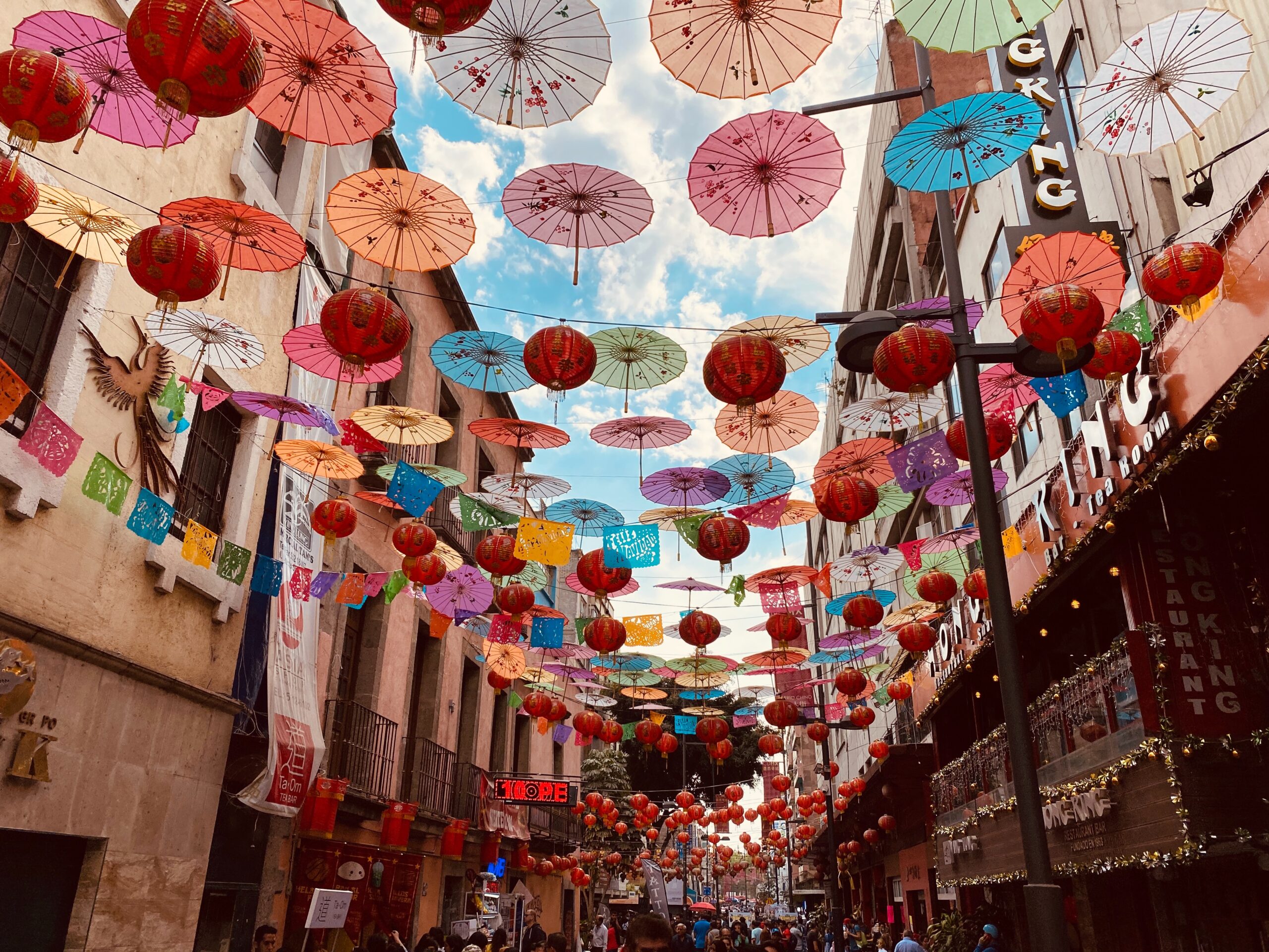 Colorful umbrellas above a street in Mexico City