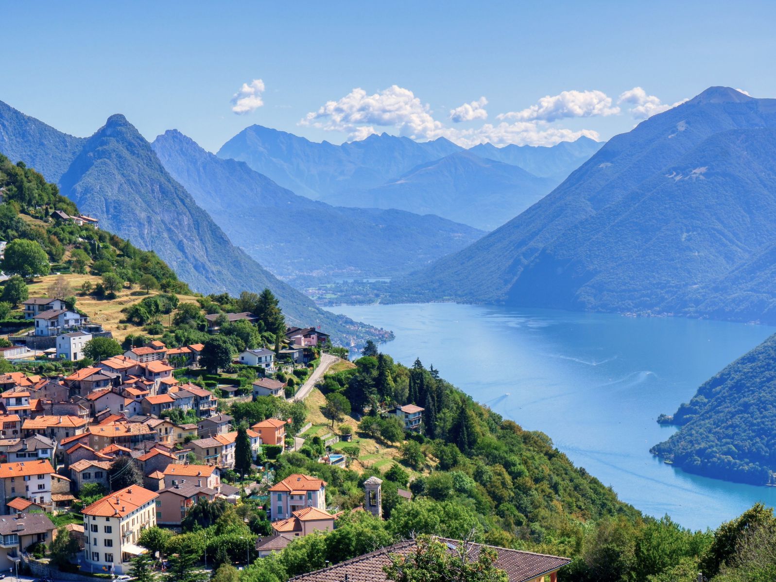 Panorama of the lake and mountains in Lugano, Switzerland