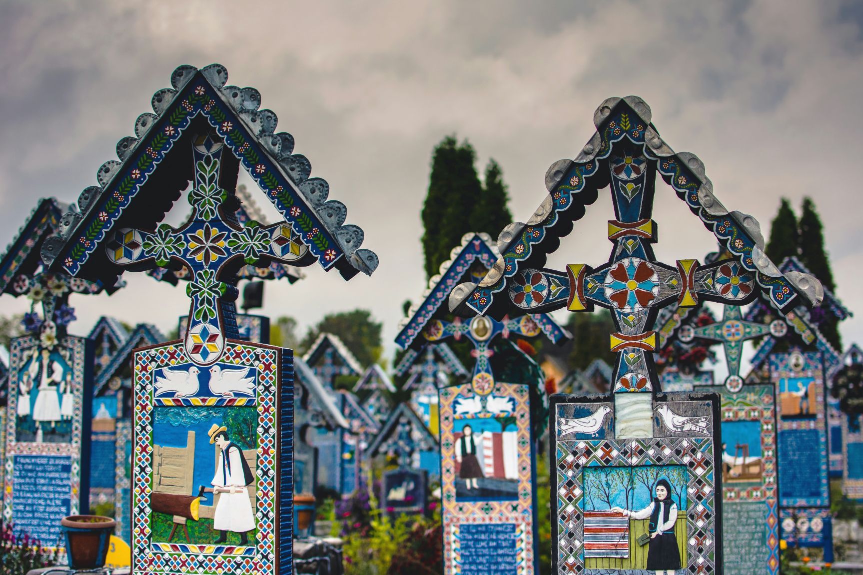 Close-up of tombstones at a church graveyard in Maramureș, Romania