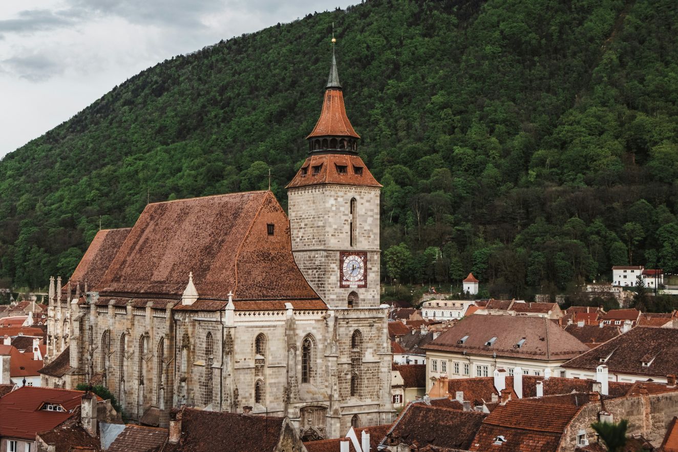 Church and surrounding city rooftops in Brasov