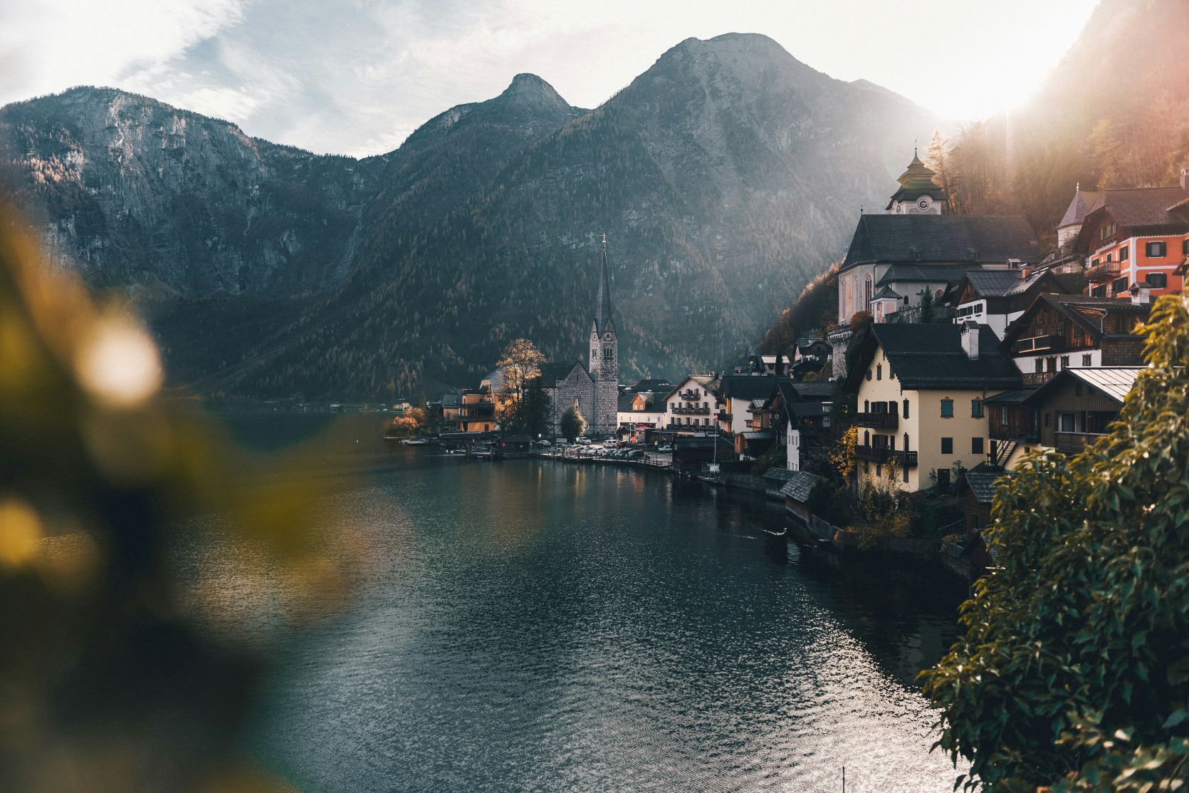 Sunshine across Lake Hallstatt in Austria, one of the most romantic places in Europe