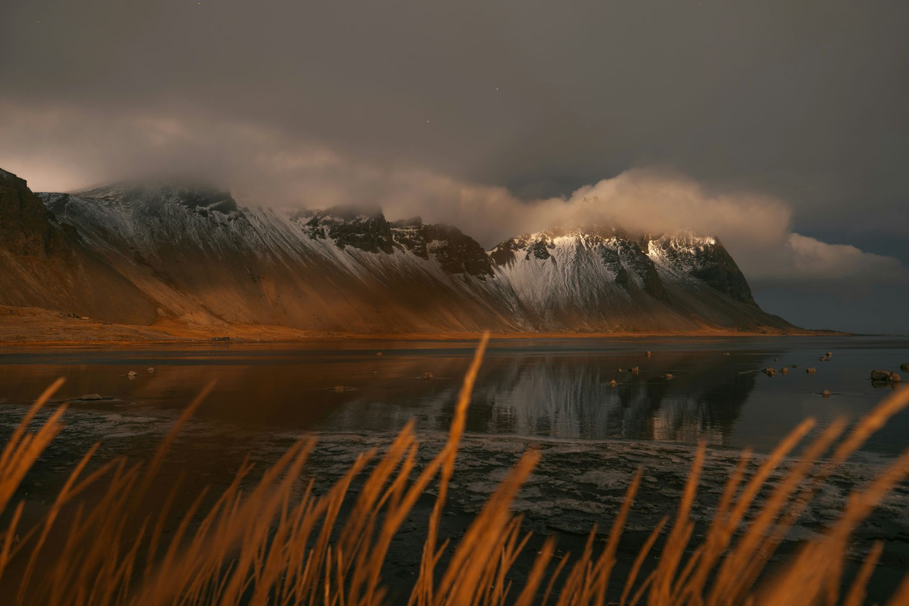 Grass in the wind with Klifatindur, Iceland
