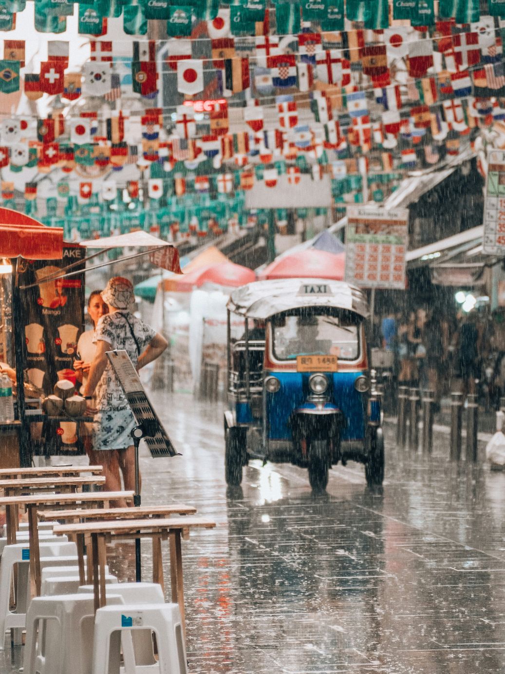 A street market in Bangkok on a rainy day
