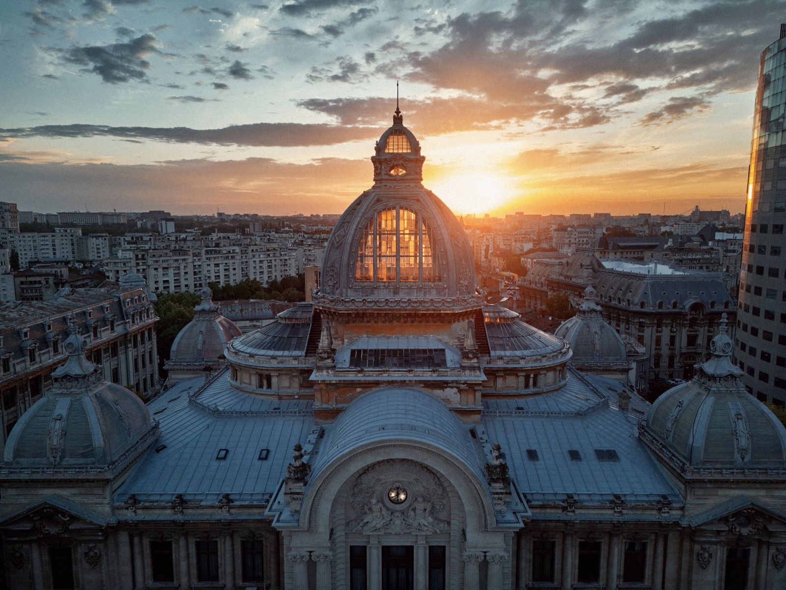 CEC Palace at sunset in Bucharest, Romania