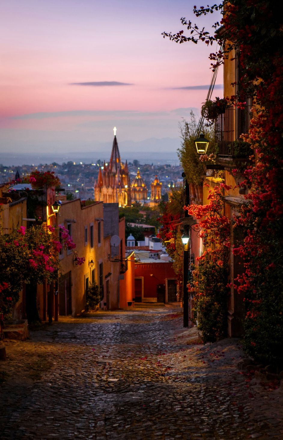 Cobbled street in San Miguel de Allende at night