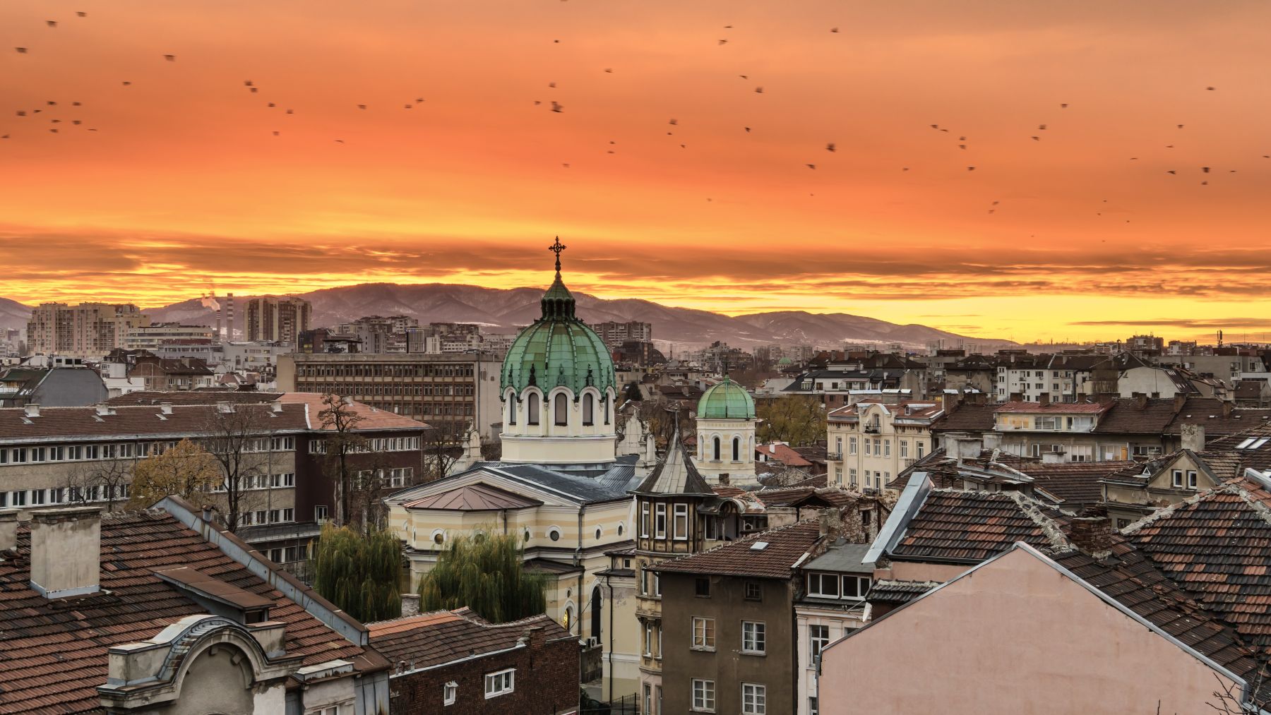 Sofia's skyline at sunset with Vitosha Mountain backdrop