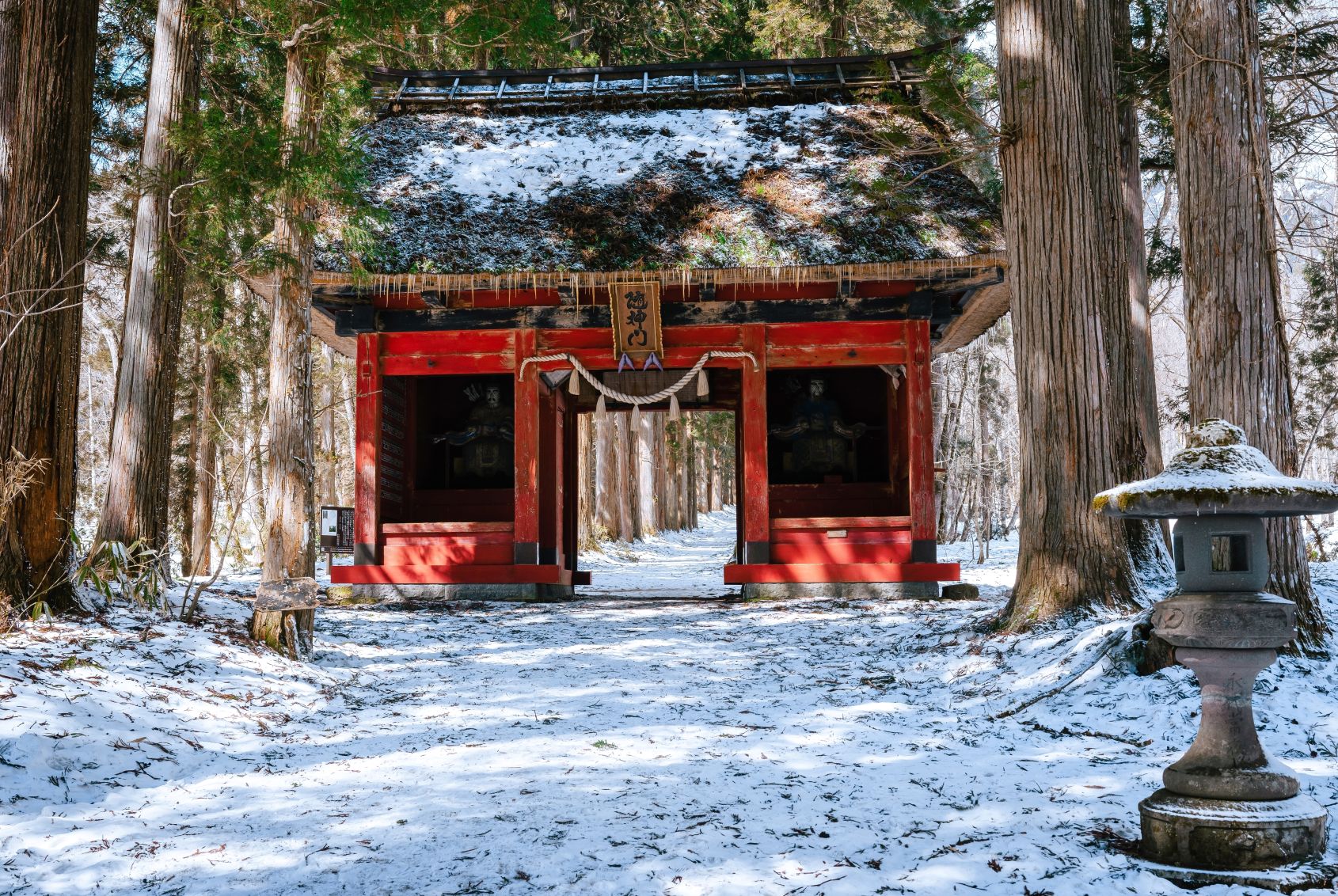Snowy scene at a Togakushi Shrine in Japan in December