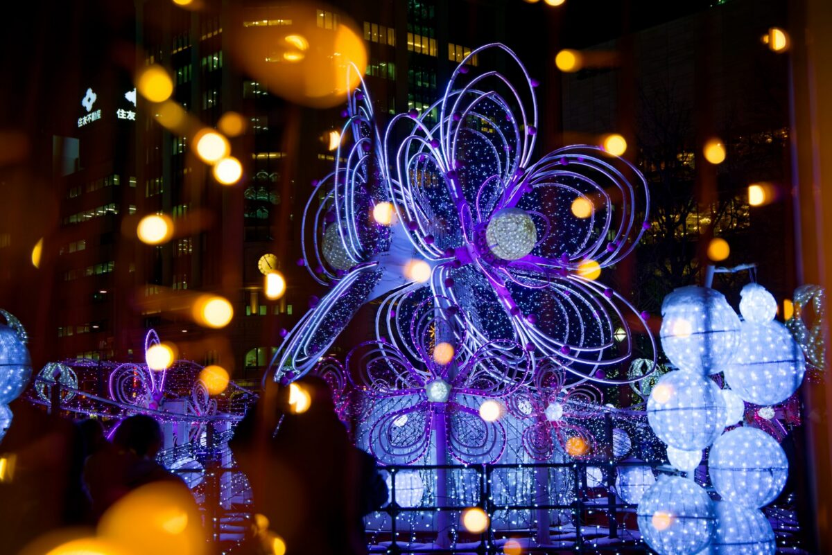 Bright lights at night during the Sapporo White Illumination in Japan