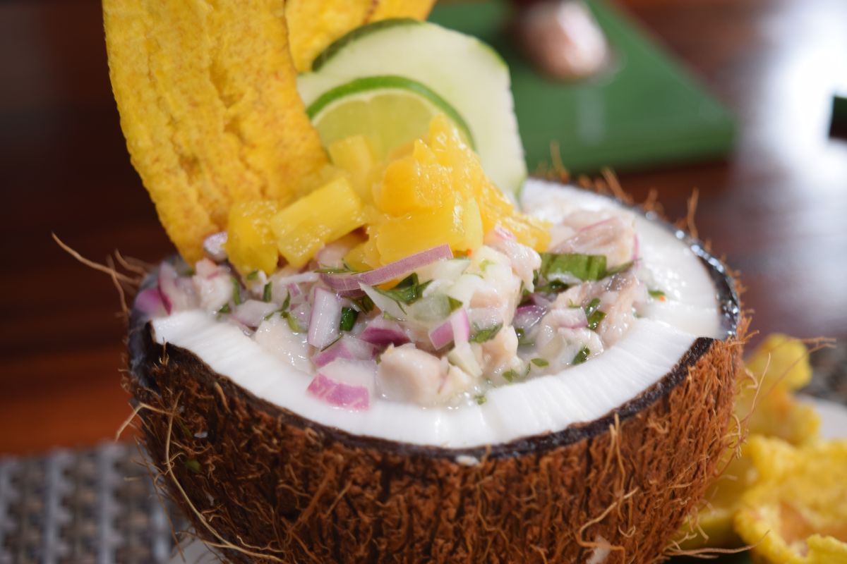 Fresh ceviche served in a coconut bowl