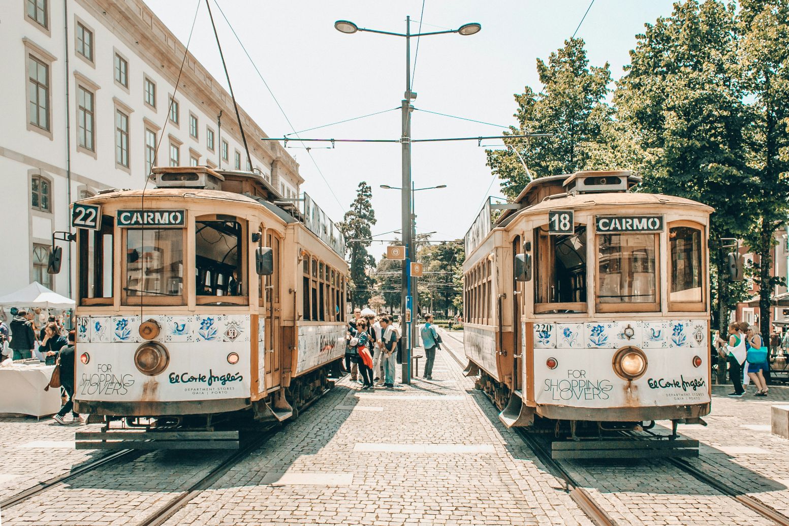 Two trams side by side in Porto
