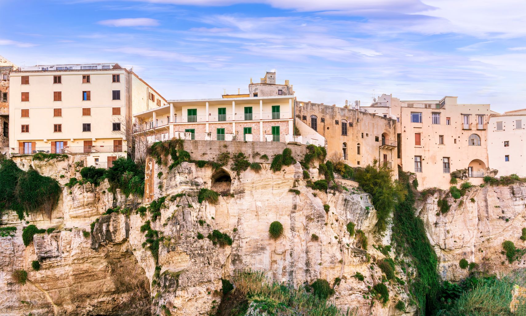 Buildings along the cliff edge in Tropea, on the coast of Italy