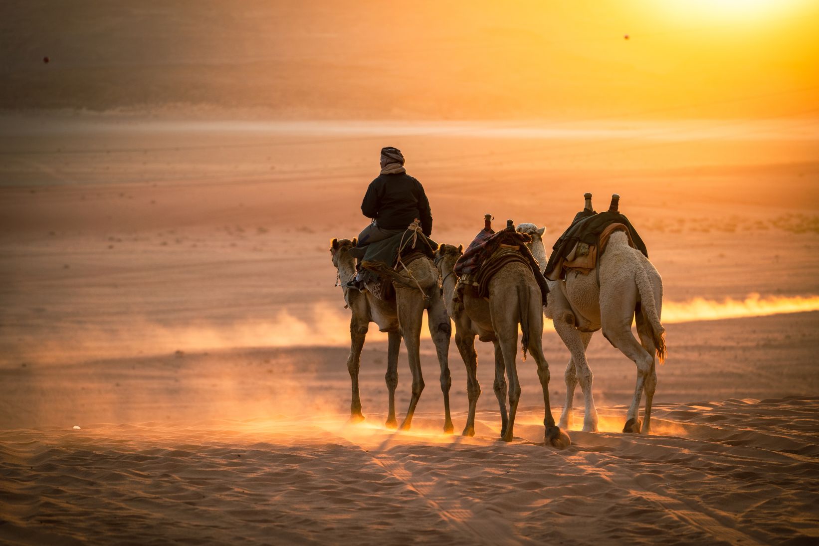 Exploring Jordanian culture and history: a Bedouin riding a camel through the Wadi Rum desert at sunset