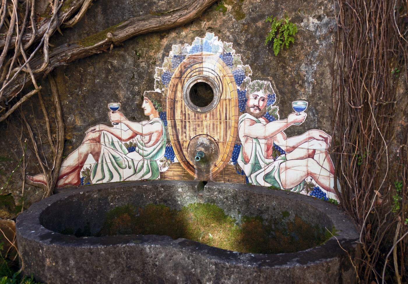 A tiled ancient fountain in Evora, Portugal