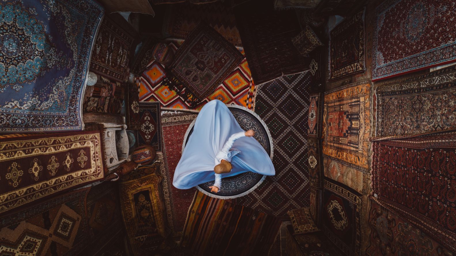 A traditional Turkish whirling dervish ceremony seen from above