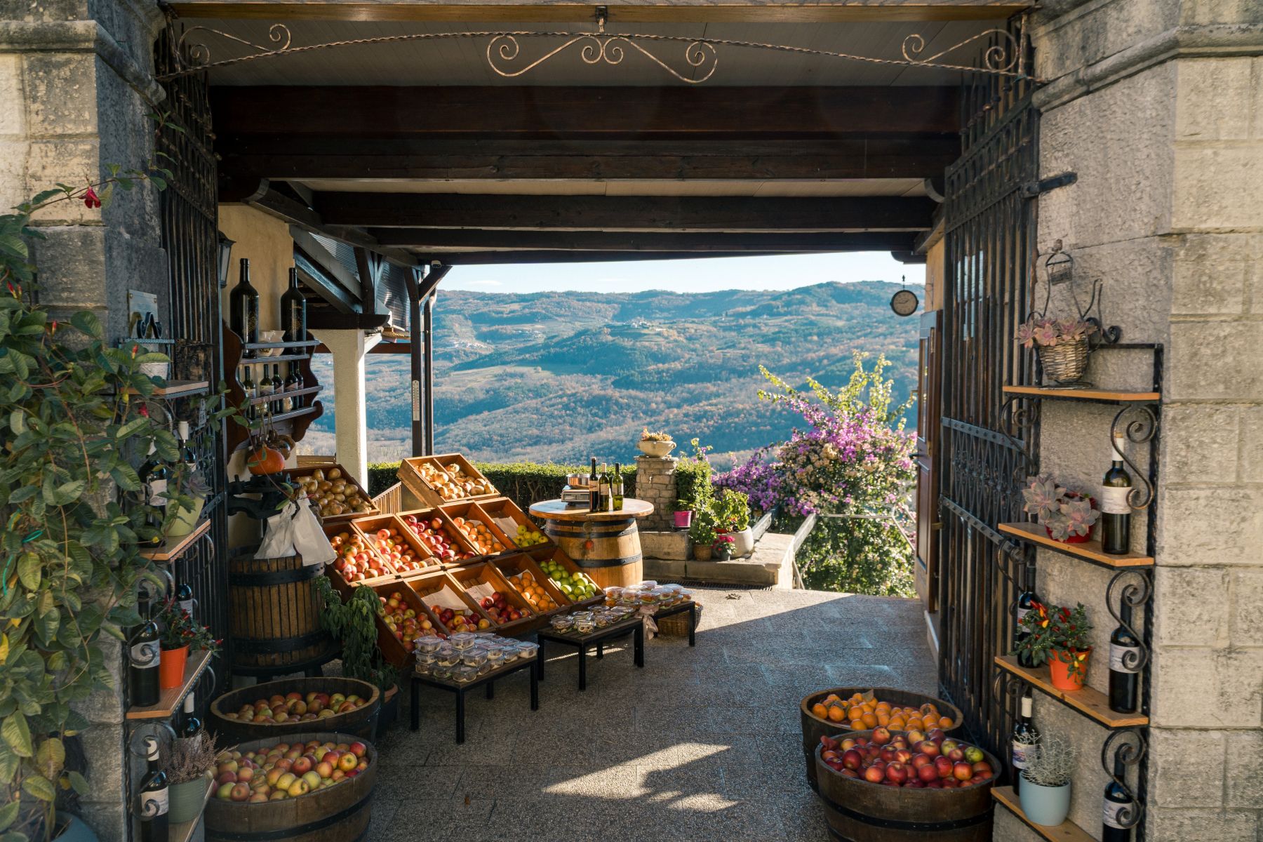 Exploring Croatian food: produce for sale with a scenic backdrop in Motovun, Istria
