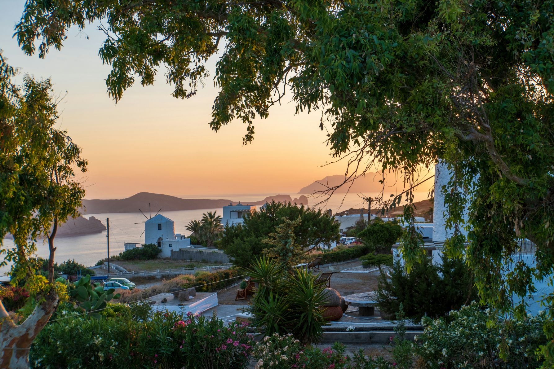 Lesser known Greek islands: quiet island landscape of Milos at sunset