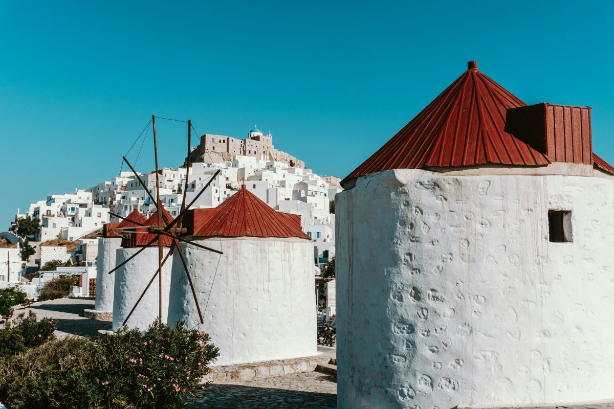 Close-up of windmills on the island of Astypalea